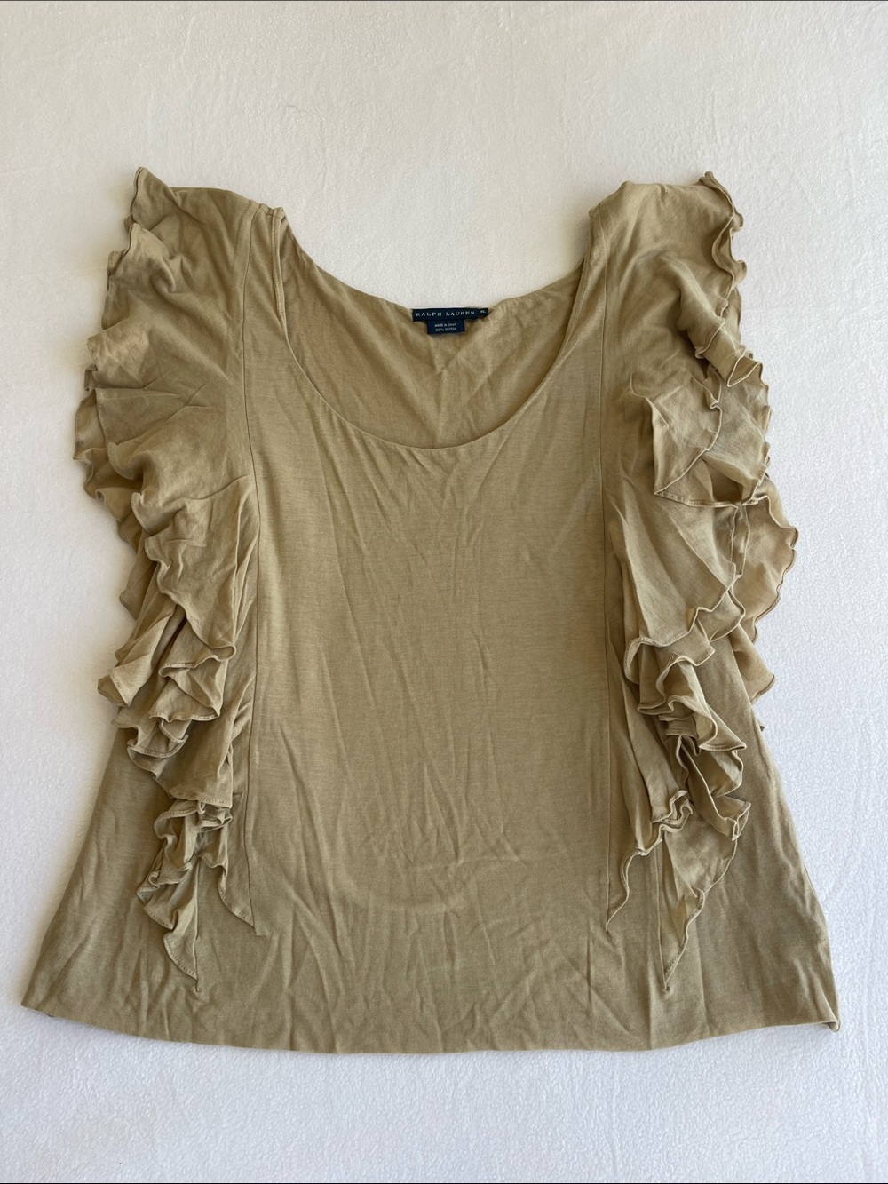 Ralph Lauren Olive Green Cascading Ruffle Trim Scoop Neck Top Size XL Draped